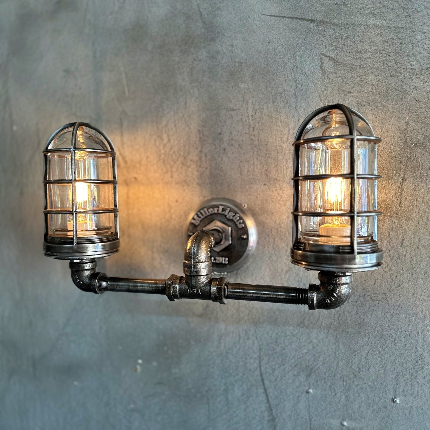Black Pipe Light - Double Cage Industrial Wall Sconce - The Ironforge