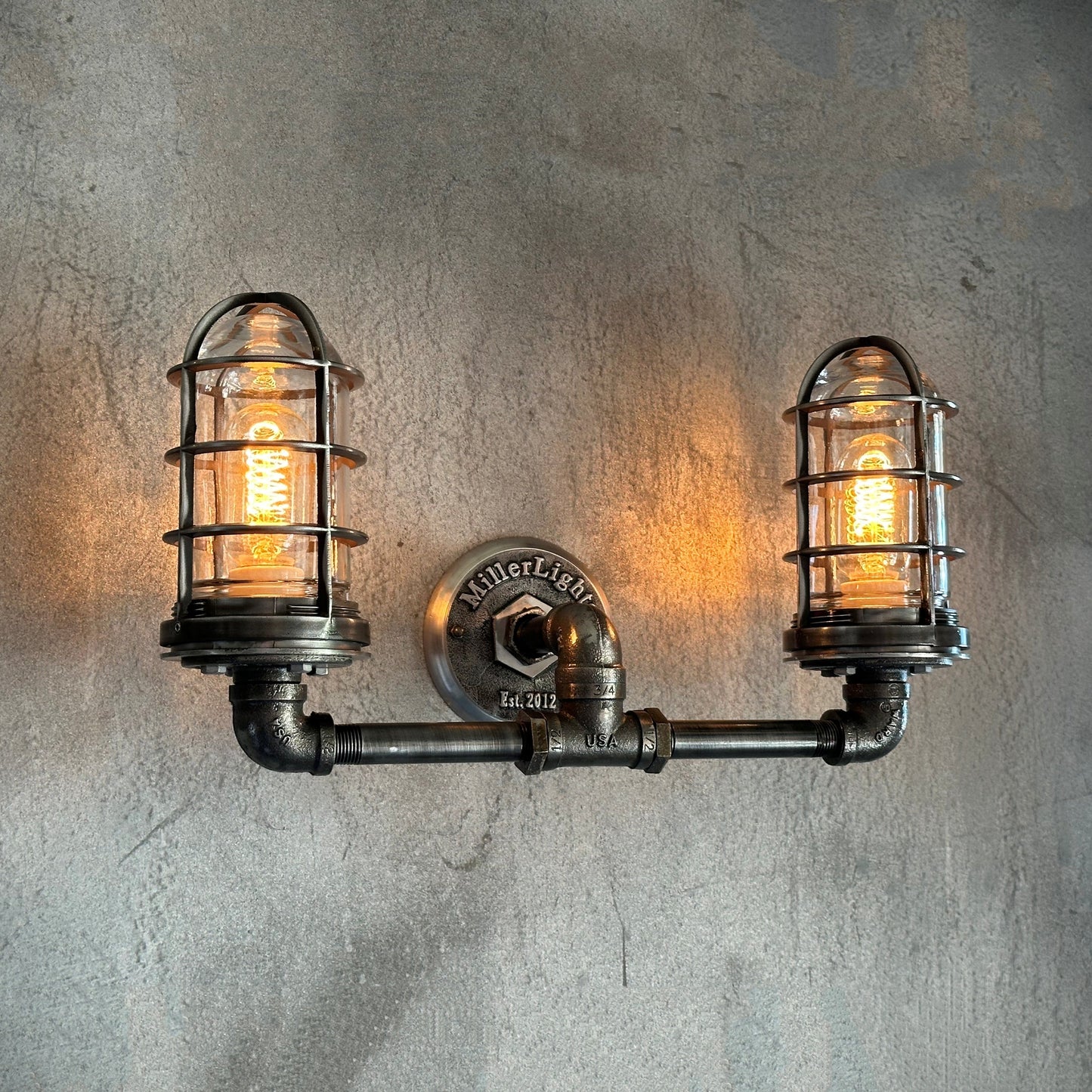 Black Pipe Light - Double Cage Industrial Wall Sconce - The Ironforge
