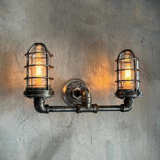 Black Pipe Light - Double Cage Industrial Wall Sconce - The Ironforge
