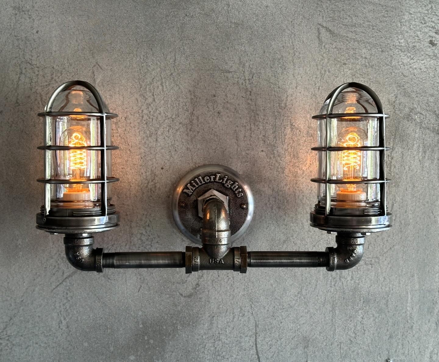 Black Pipe Light - Double Cage Industrial Wall Sconce - The Ironforge